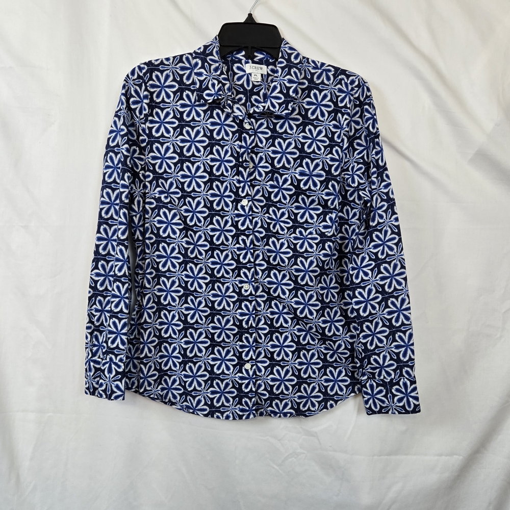 J Crew Womens Blue White Floral Signature Fit Long Sleeve Poplin Shirt Large‎ LP